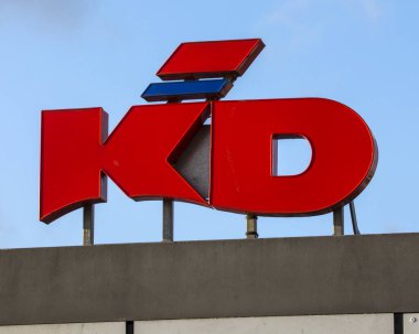 Dusseldorf, Germany - February 18th 2020: Close-up of the KD, or Koln-Dusseldorfer, River Cruise company logo in Dusseldorf, Germany.