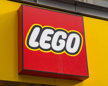 Cologne, Germany - February 19th 2020: The LEGO logo above the entrance to one of their stores in the city of Cologne, Germany.