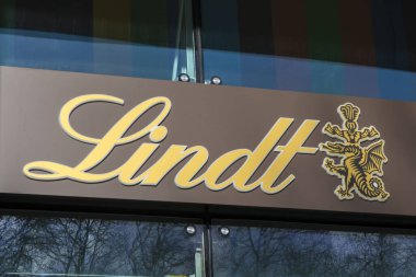 Cologne, Germany - February 19th 2020: The Lindt logo above the entrance to one of their stores in the city of Cologne in Germany.