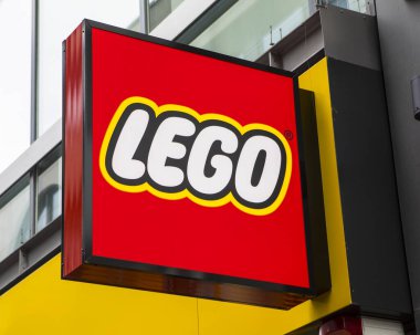 Dusseldorf, Germany - February 19th 2020: The LEGO logo, above the entrance to one of their stores in the city of Cologne in Germany.