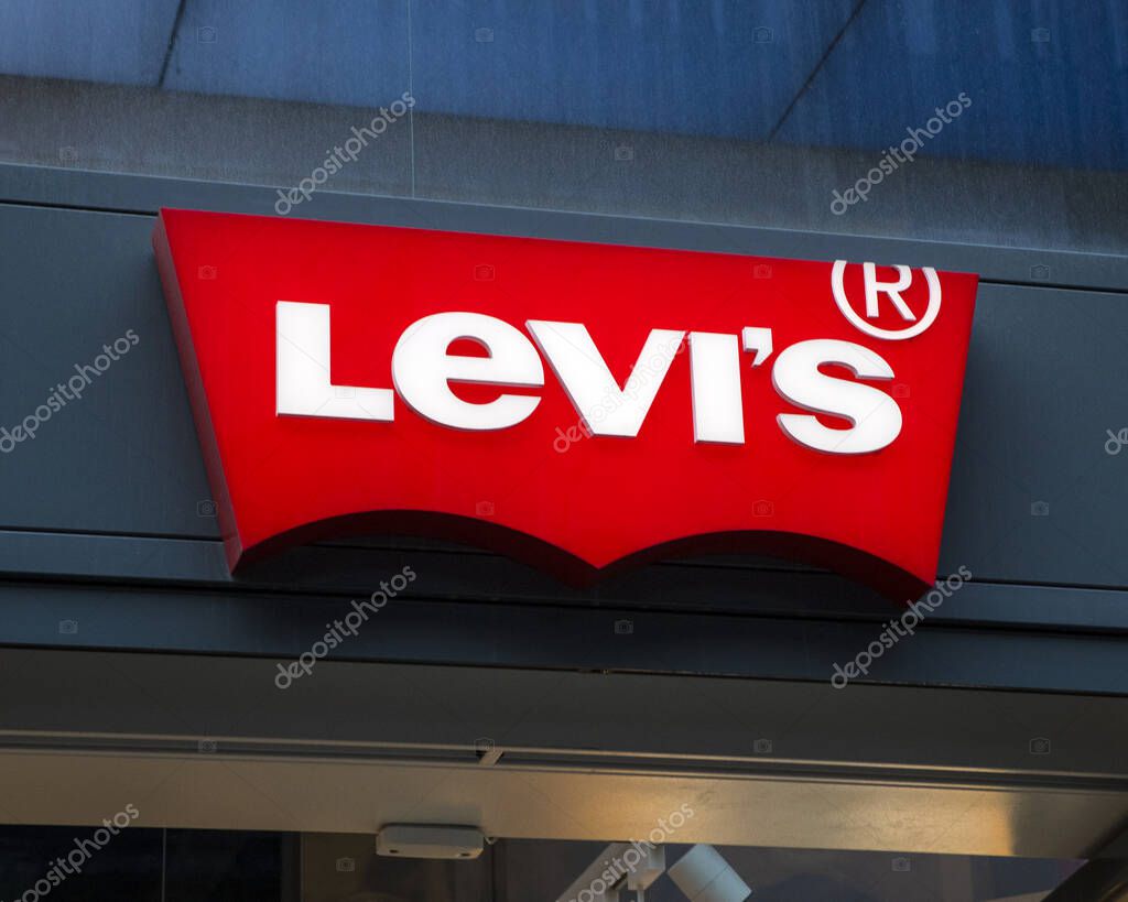 Dusseldorf, Germany - February 18th 2020: The Levis logo above the entrance to one of their stores in the city of Dusseldorf, Germany.