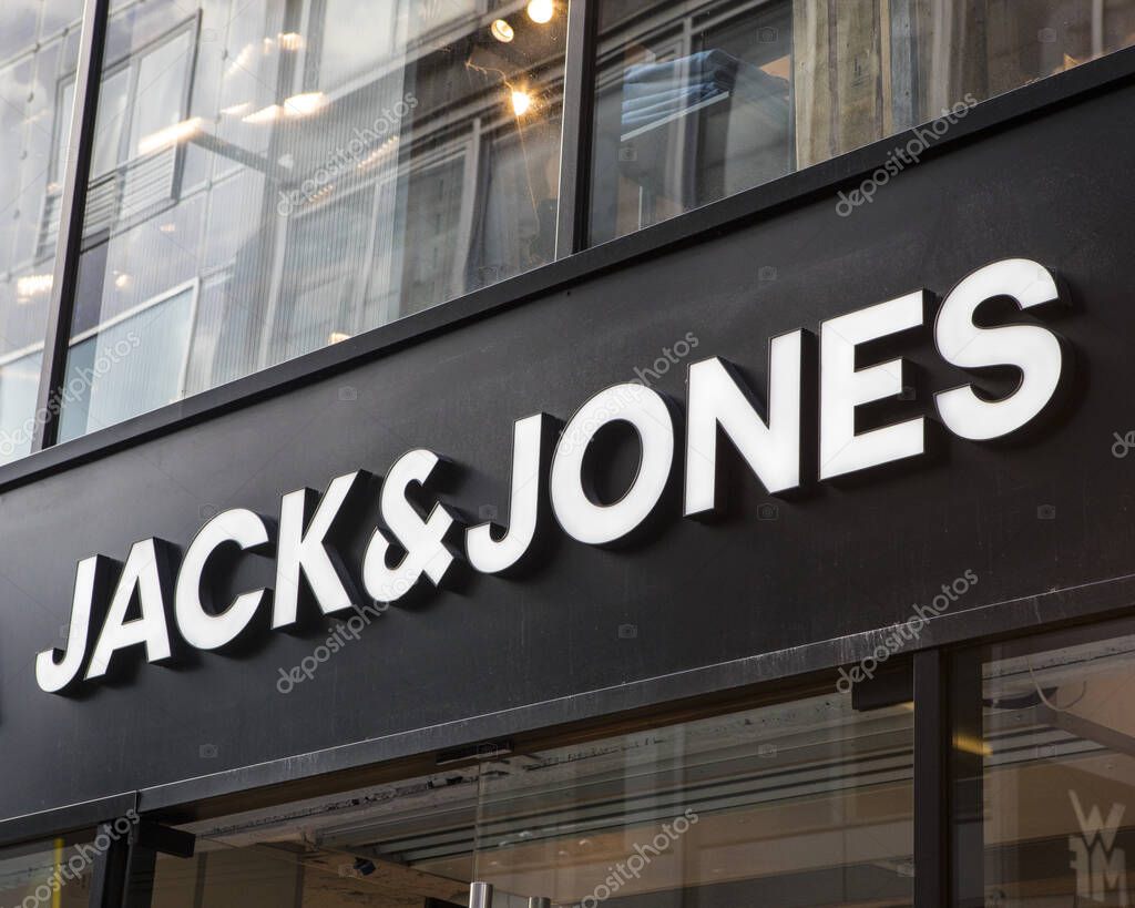 Cologne, Germany - February 19th 2020: The Jack & Jones logo above the entrance to one of their stores in the city of Cologne, Germany.