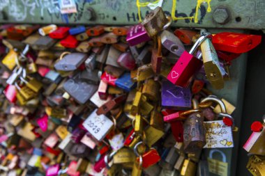 Cologne, Germany - February 20th 2020: Love Locks on the famous Hohenzollern Bridge in the city of Cologne, Germany. 