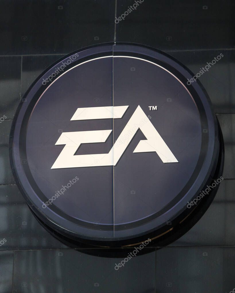 Cologne, Germany - February 20th 2020: Close-up of the Electronic Arts company logo, pictured on the exterior of their office in Cologne, Germany.
