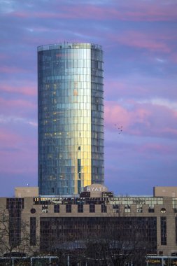 Cologne, Germany - February 17th 2020: The KolnTriangle - a 339 ft tall building with the top floor and roof housing an observation deck offering panoramic views of Cologne in Germany.