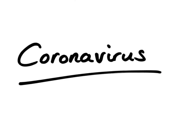 Mot Coronavirus Écrit Main Sur Fond Blanc — Photo