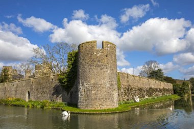Somerset, İngiltere 'deki Wells şehrindeki tarihi Bishops Sarayı' nın güzel manzarası ve hendeği.