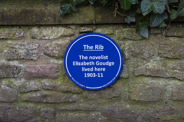 英国威尔斯 2020年3月16日 索默塞特威尔斯市的一块蓝色牌匾 标志着著名小说家伊丽莎白 古奇在1903年至1911年间居住的地方 — 图库照片