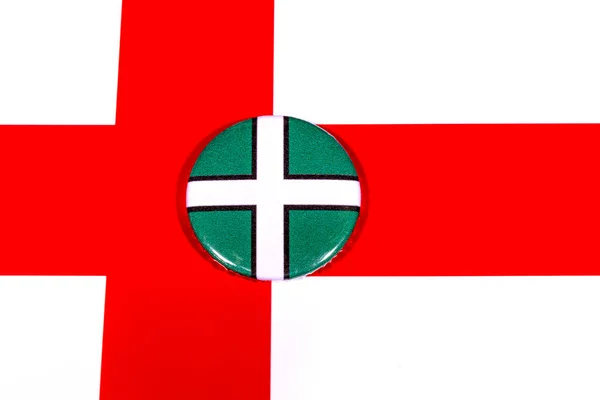 Distintivo Retratando Bandeira Condado Inglês Devon Retratado Sobre Bandeira Inglaterra — Fotografia de Stock