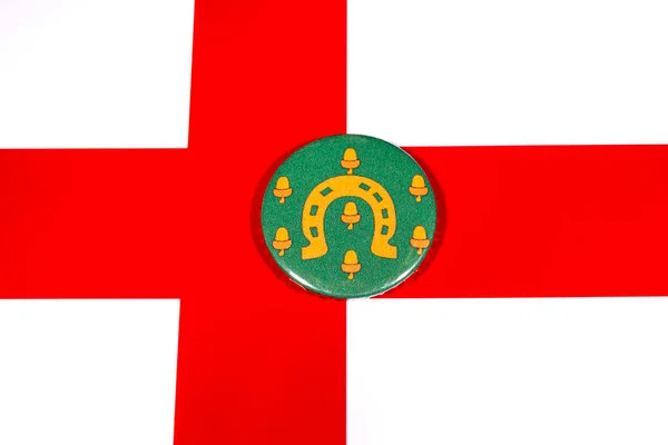 Odznak Zobrazující Vlajku Anglického Hrabství Rutland Vyobrazený Nad Vlajkou Anglie — Stock fotografie