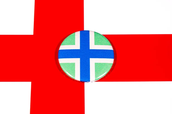 Distintivo Retratando Bandeira Condado Inglês Gloucestershire Retratado Sobre Bandeira Inglaterra — Fotografia de Stock