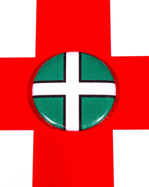 Distintivo Retratando Bandeira Condado Inglês Devon Retratado Sobre Bandeira Inglaterra — Fotografia de Stock