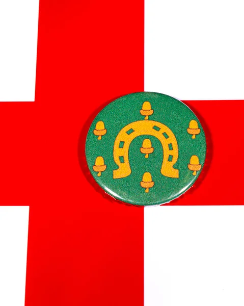 Distintivo Retratando Bandeira Condado Inglês Rutland Retratado Sobre Bandeira Inglaterra — Fotografia de Stock