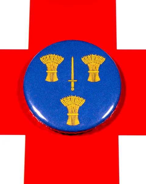 Distintivo Retratando Bandeira Condado Inglês Cheshire Retratado Sobre Bandeira Inglaterra — Fotografia de Stock