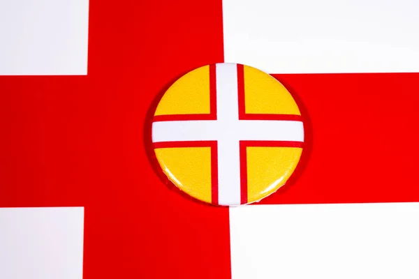 Distintivo Retratando Bandeira Condado Inglês Dorset Retratado Sobre Bandeira Inglaterra — Fotografia de Stock
