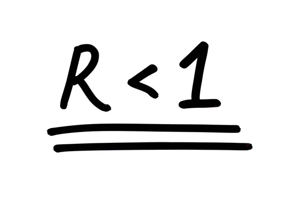 传输速率R小于1 在白色背景上手写 R是考罗那韦的传输速率的缩写 — 图库照片