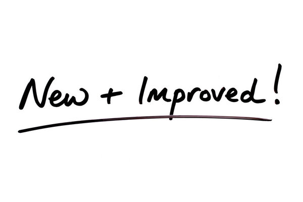 New and Improved! handwritten on a white background.