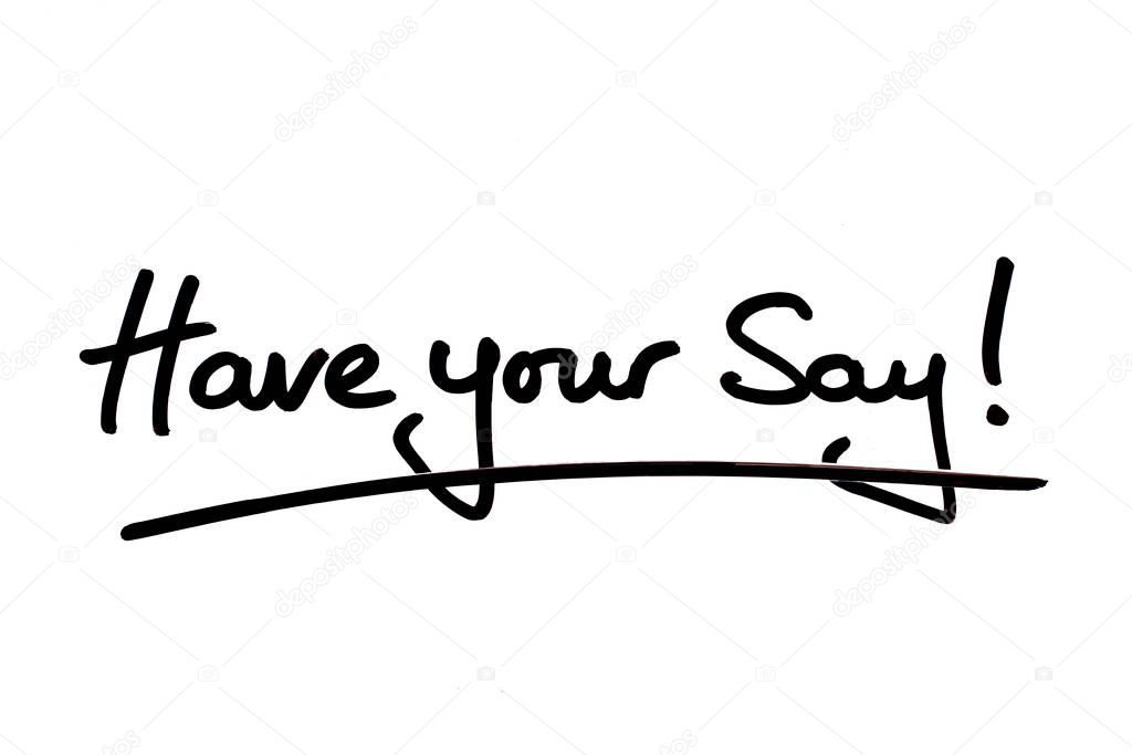 Have your Say! handwritten on a white background.