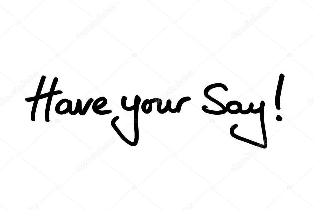 Have your Say! handwritten on a white background.
