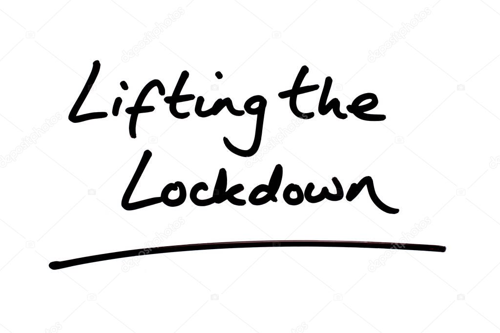 Lifting the Lockdown handwritten on a white background.