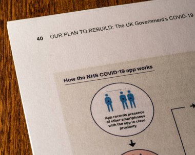 Londra, İngiltere - 11 Mayıs 2020: NHS COVID-19 Uygulamasının Yeniden İnşa Planı - Birleşik Krallık Hükümetleri COVID-19 kurtarma stratejisi.