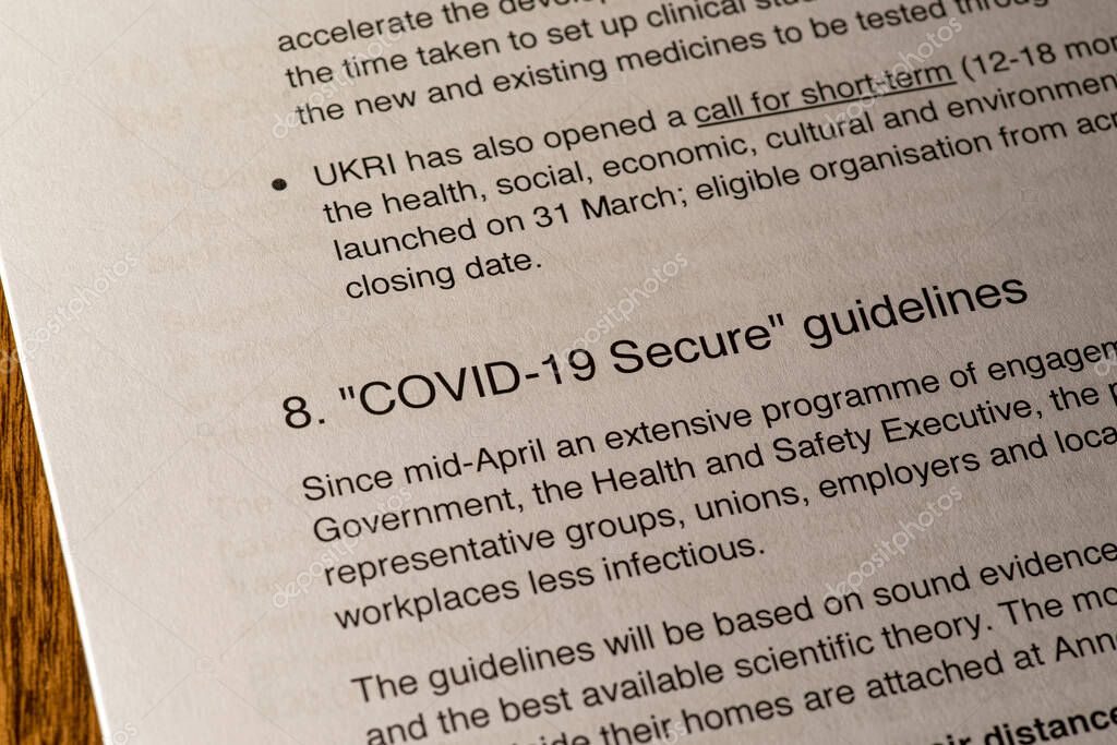 London, UK - May 11th 2020: COVID-19 Secure Guidelines heading in the document Our Plan To Rebuild - the UK Governments COVID-19 recovery strategy.