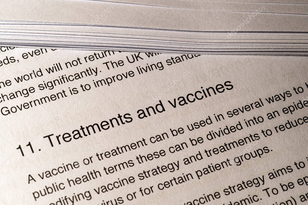 London, UK - May 11th 2020: Treatments and Vaccines heading in the document Our Plan To Rebuild - the UK Governments COVID-19 recovery strategy.