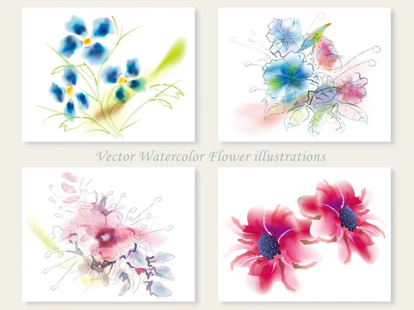 Un ensemble de quatre illustrations vectorielles de fleurs assorties dans un style de peinture aquarelle spontanée . — Image vectorielle