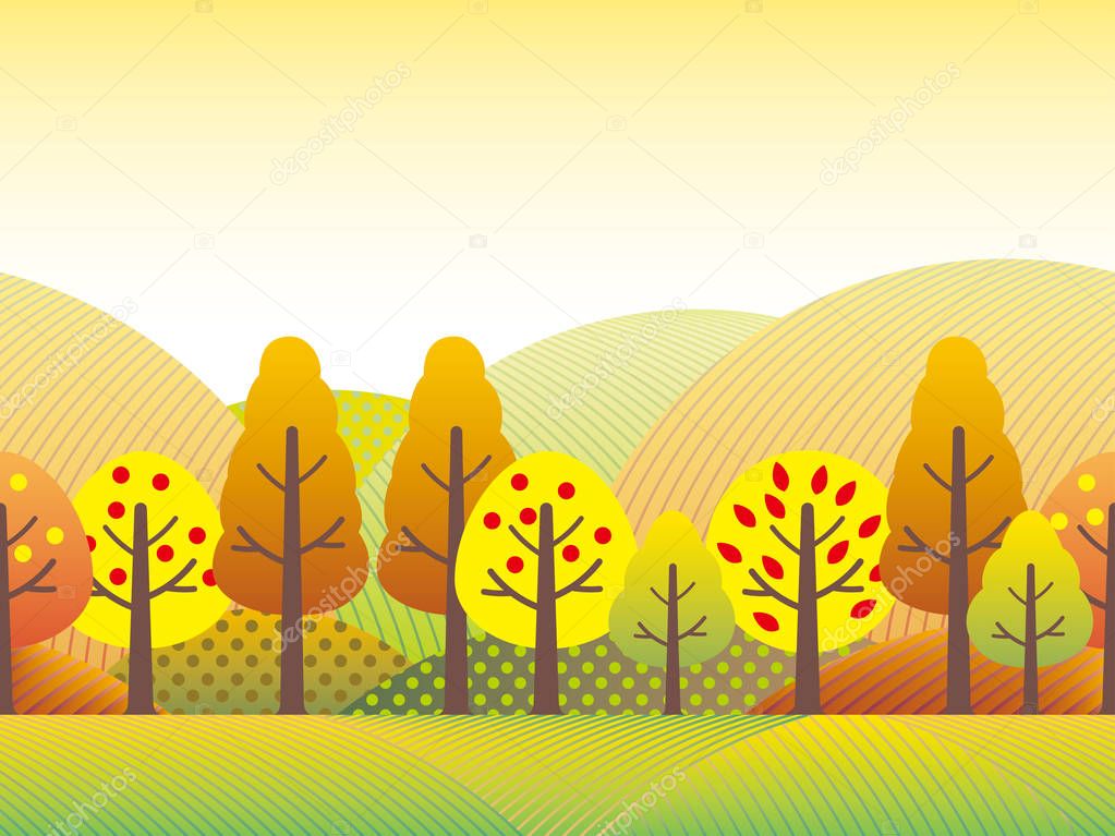 A seamless vector illustration of the countryside in autumn. 