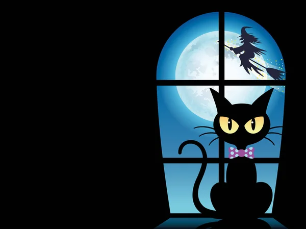 A Happy Halloween vector illustration with a black cat by the window.