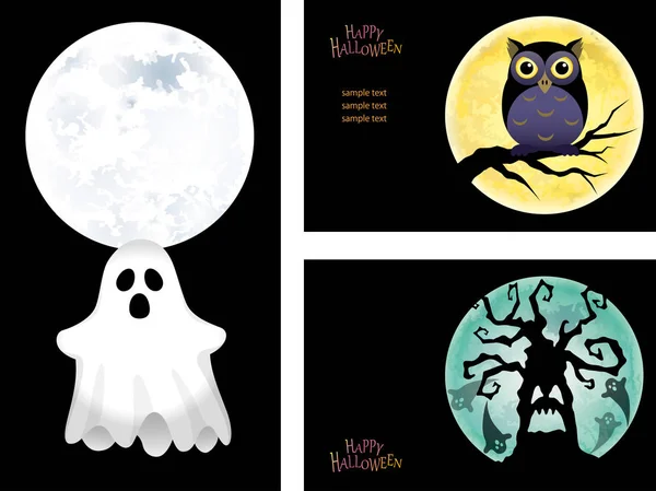Eine Reihe von drei glücklichen Halloween-Vektorillustrationen mit Geistern, einer Eule, Fledermäusen und einem Spukbaum. — Stockvektor