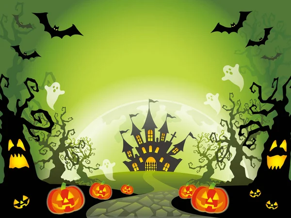 Een illustratie van de Happy Halloween met een haunted mansion in het bos. — Stockvector