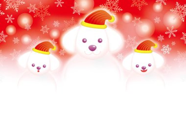 Kırmızı arka plan ile bir köpek kardan adam aile ile Noel/yeni yıl kartı.