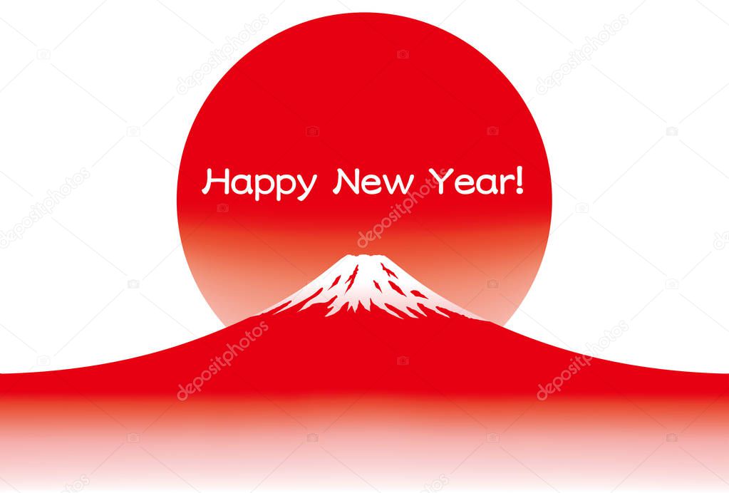 A vector New Years card template with red Mt. Fuji and the rising sun.