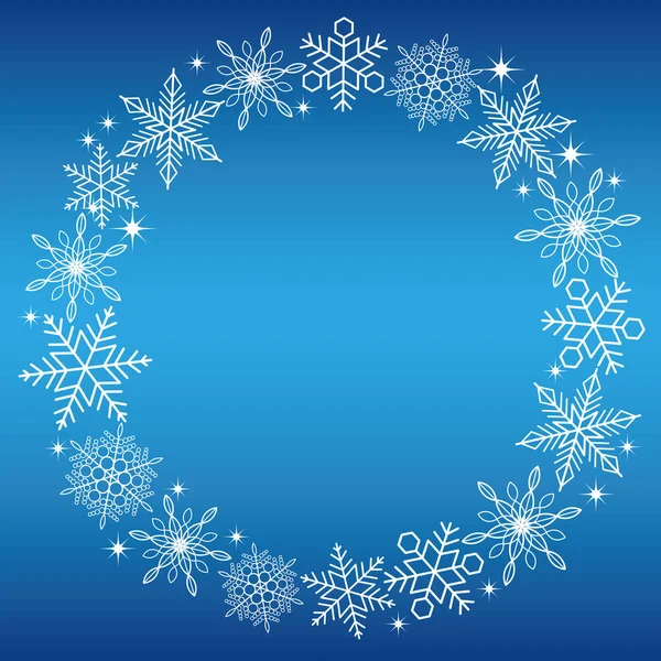 Un marco circular de copos de nieve blancos con un fondo azul . — Vector de stock