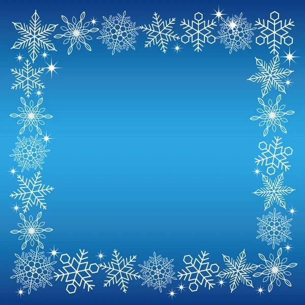 A square snowflake frame with a blue background.