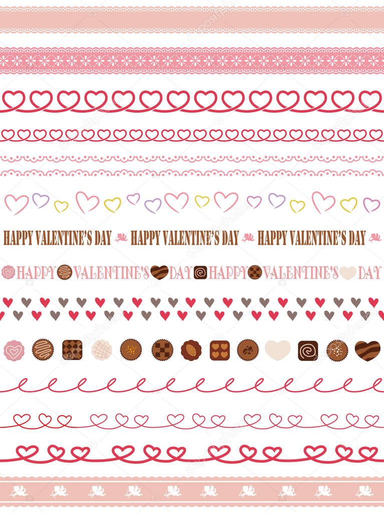 A set of assorted seamless borders for Valentines Day, vector illustration.