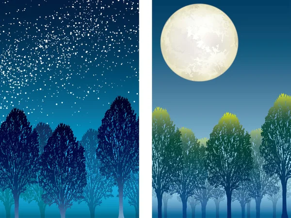 Ένα Σύνολο Από Δύο Διανυσματικά Εικονογραφήσεις Του Δάσους Νύχτα Μία — Διανυσματικό Αρχείο