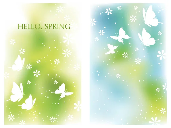 Conjunto Dos Ilustraciones Fondo Vectorial Primavera Con Flores Mariposas — Archivo Imágenes Vectoriales
