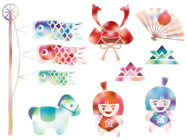 Suluboya tarzında çeşitli vektör grafik öğeleri kümesi Japon Kodomo Hayır Hi, çocuklar Festivali için.