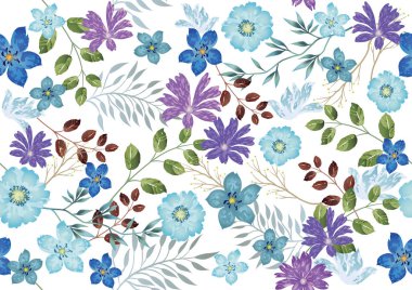 Suluboya dikişsiz çiçek deseni, vektör çizimi. Yatay ve dikey olarak tekrarlanabilir.