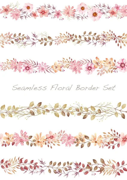 Conjunto de borda floral de aquarela sem costura vetorial. Horizontalmente repetível . —  Vetores de Stock