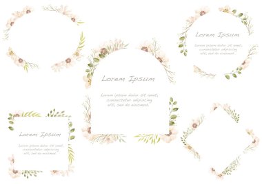 Beyaz arkaplanda izole edilmiş suluboya çiçek çerçeveleri. 