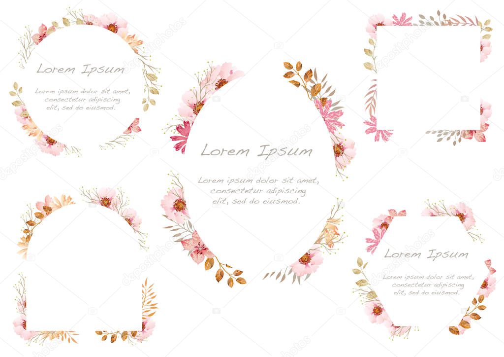 Set of watercolor floral frames isolated on a white background. 