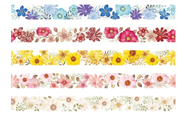 Set Seamless Watercolor Floral Borders Isolated White Background Vector Illustration — 스톡 벡터