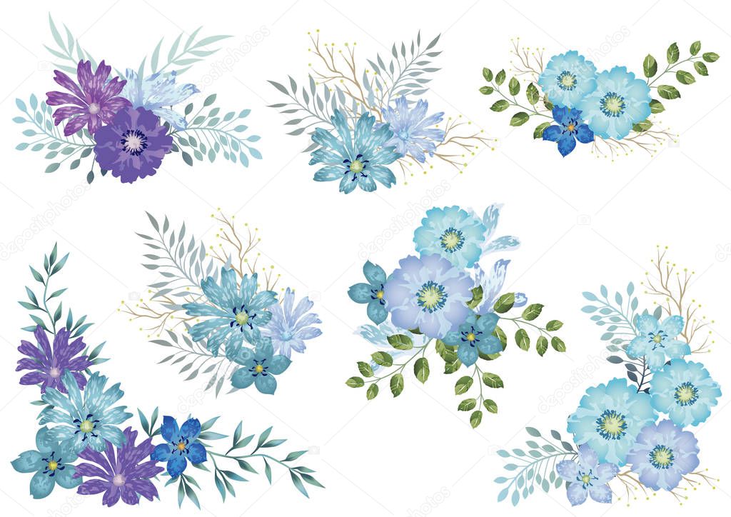 Set of watercolor floral elements isolated on a white background. 