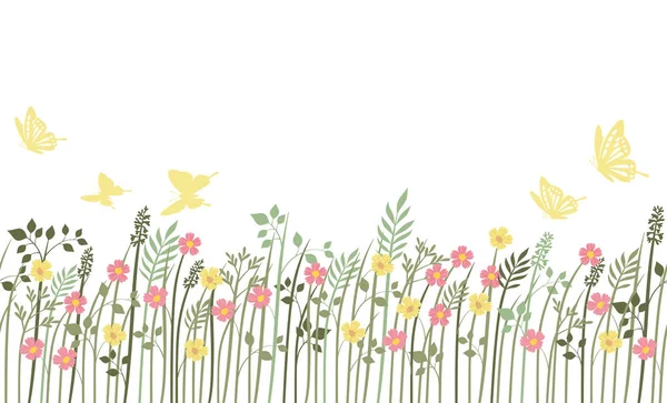 Frühling Feld nahtlose Hintergrundillustration mit Pflanzen, Schmetterlingen und Textfläche. — Stockvektor