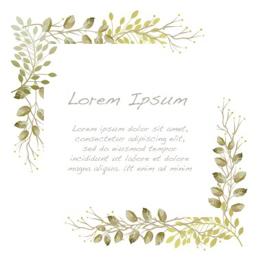 Beyaz bir arkaplanda izole edilmiş Vektör Watercolor Kare Botanik Çerçevesi. 