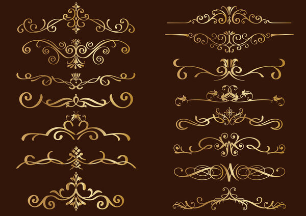 Set Of Gold Vintage Borders Isolated On A Dark Background. Vector Illustration.