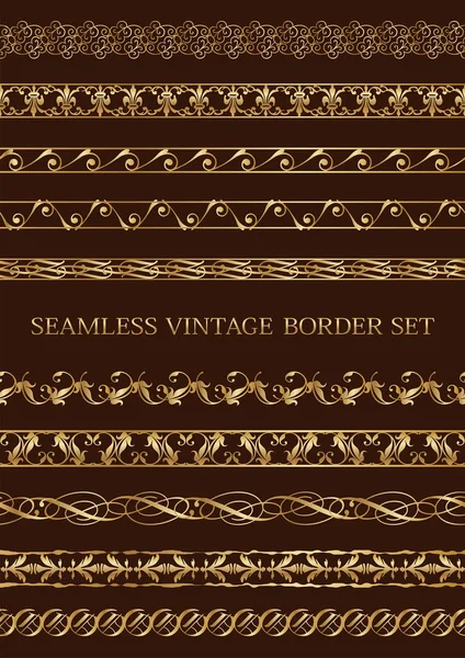 Sömlös Gold Vintage Border Set Isolerad Mörk Bakgrund Vektorillustration Horisontellt — Stock vektor